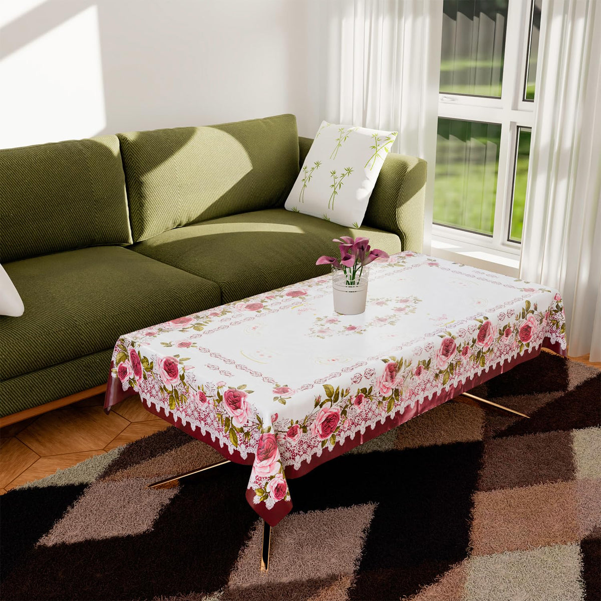 Heart Home Kuber Industries Center Table Cover | PVC Cup Design with Floral Border Table Cover | Luxurious Table Protector Cover without Lace for Home | 40X60 Inch | Pink