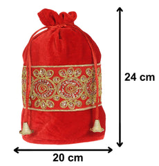 Kuber Industries Embroidered Design Potli Bags Handbags for Women Gifting Wristlets for Wedding, Festival, Kitty Subh Shagun-Pack of 2 (Red)
