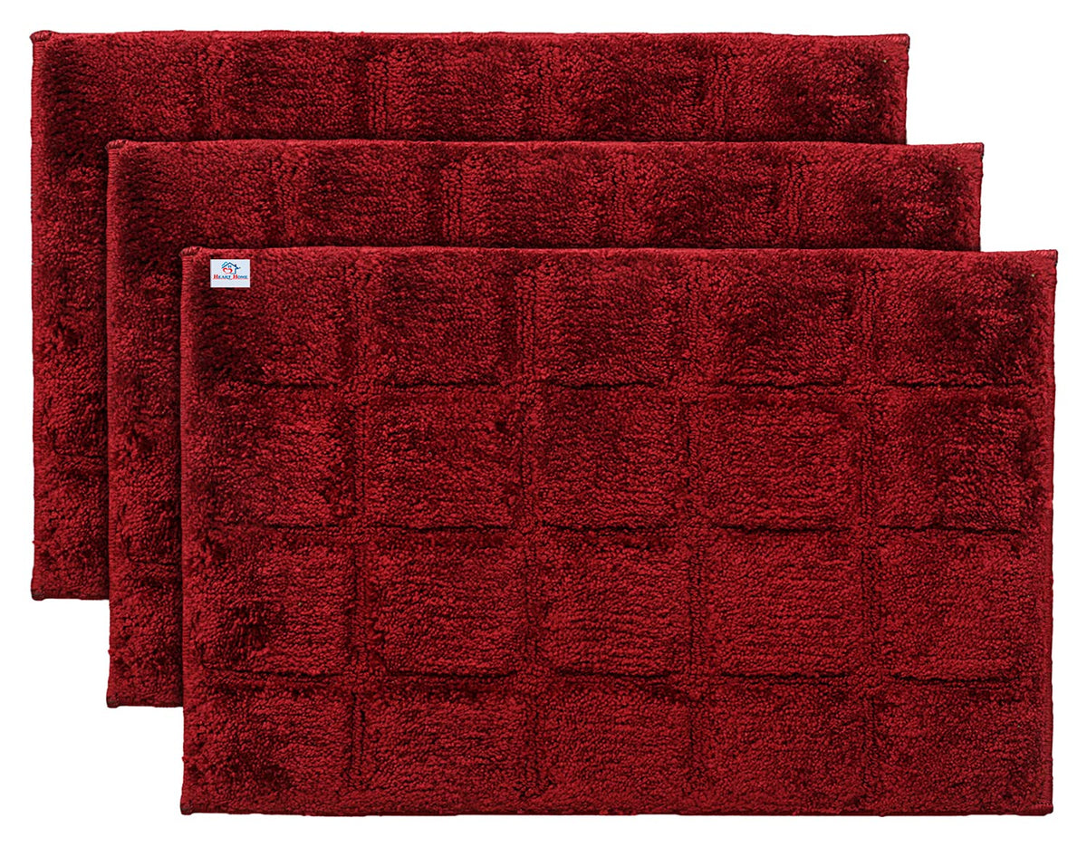 Heart Home Square Design Velvet Doormat, Pack of 3 (Maroon)