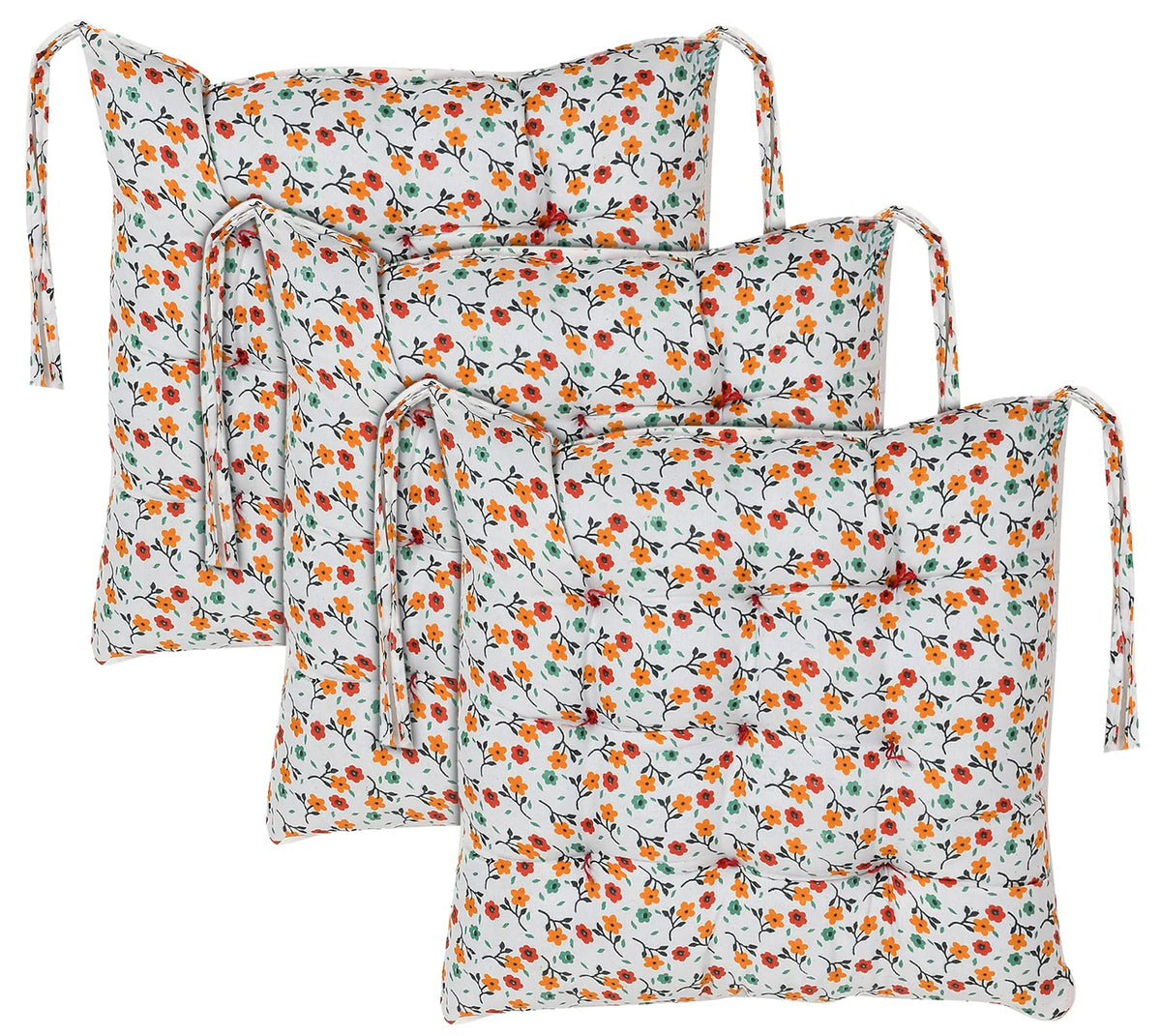 Heart Home Flower Printed Microfiber Square Chair Pad Seat Cushion for Rocking Chair, Office Chair, Dinning Chair, Indoor/Outdoor with Ties, 18 * 18 Inch- Pack of 3 (White)