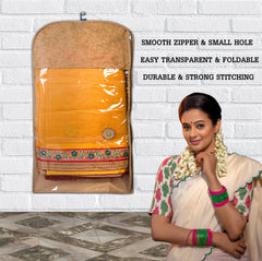 Kuber Industries Hanging Saree Cover for Clothes Storage|Non Woven Flower Pattern Wardrobe Organizer With Transparent Window|Pack of 9 (Cream)