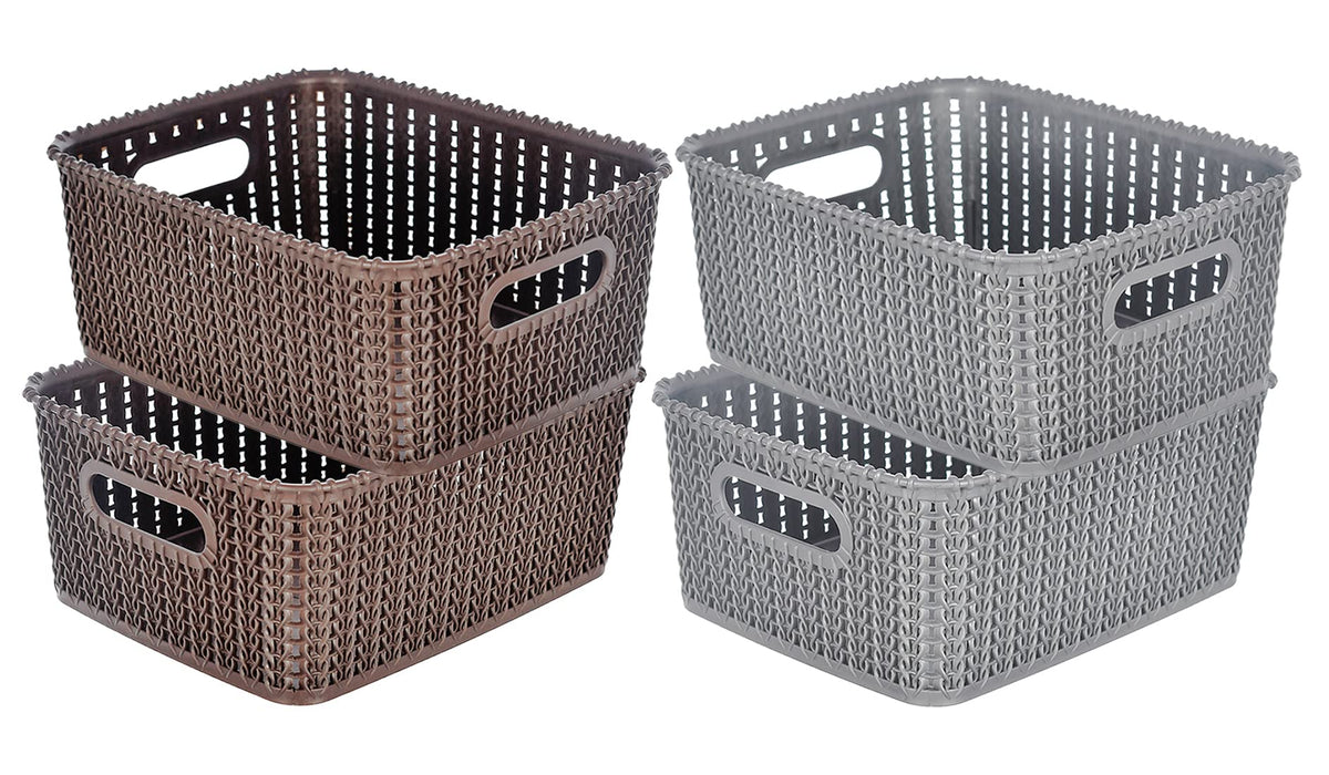 Heart Home Multiuses Large M 20 Plastic Tray/Basket/Organizer Without Lid- Pack of 4 (Grey & Brown) -46HH0107