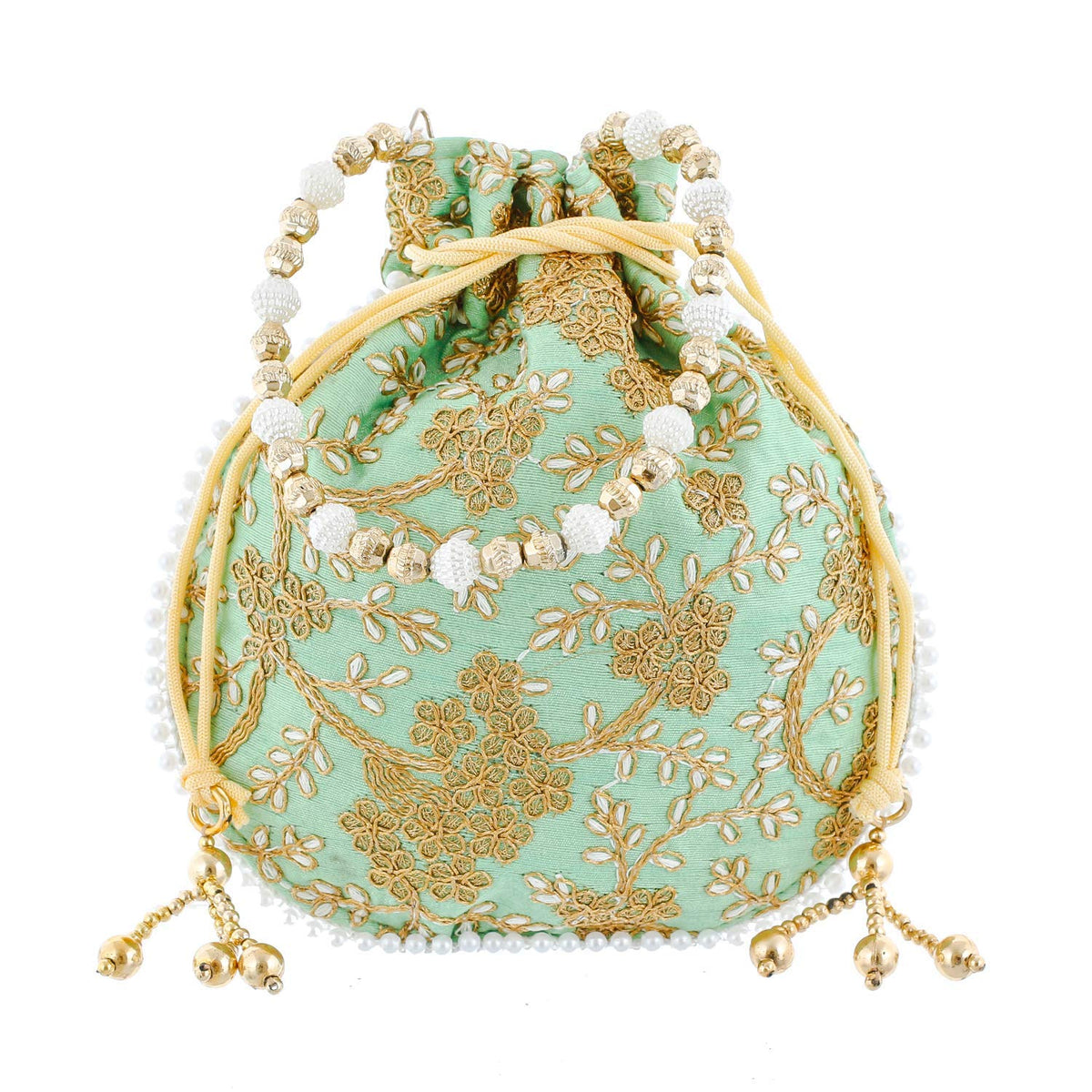 Kuber Industries Embroidery Drawstring Potli|Hand Purse with Gold Pearl Border & Handle for Woman,Girls (Green)