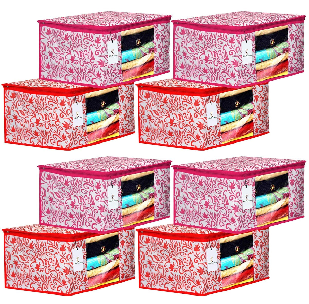 Kuber Industries Leaf Design 8 Piece Non Woven Fabric Saree Cover Set with Transparent Window, Extra Large, Red & Pink -CTKTC040905