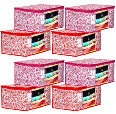 Kuber Industries Leaf Design 8 Piece Non Woven Fabric Saree Cover Set with Transparent Window, Extra Large, Red & Pink -CTKTC040905