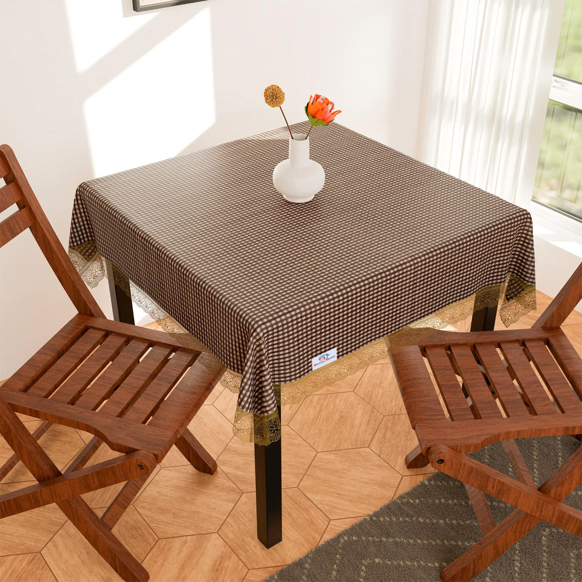 Heart Home Square Table Cover for 4 Seater|PVC Waterproof Check Pattern Tablecloth Indoor & Outdoor|48x48 Inch (Brown)