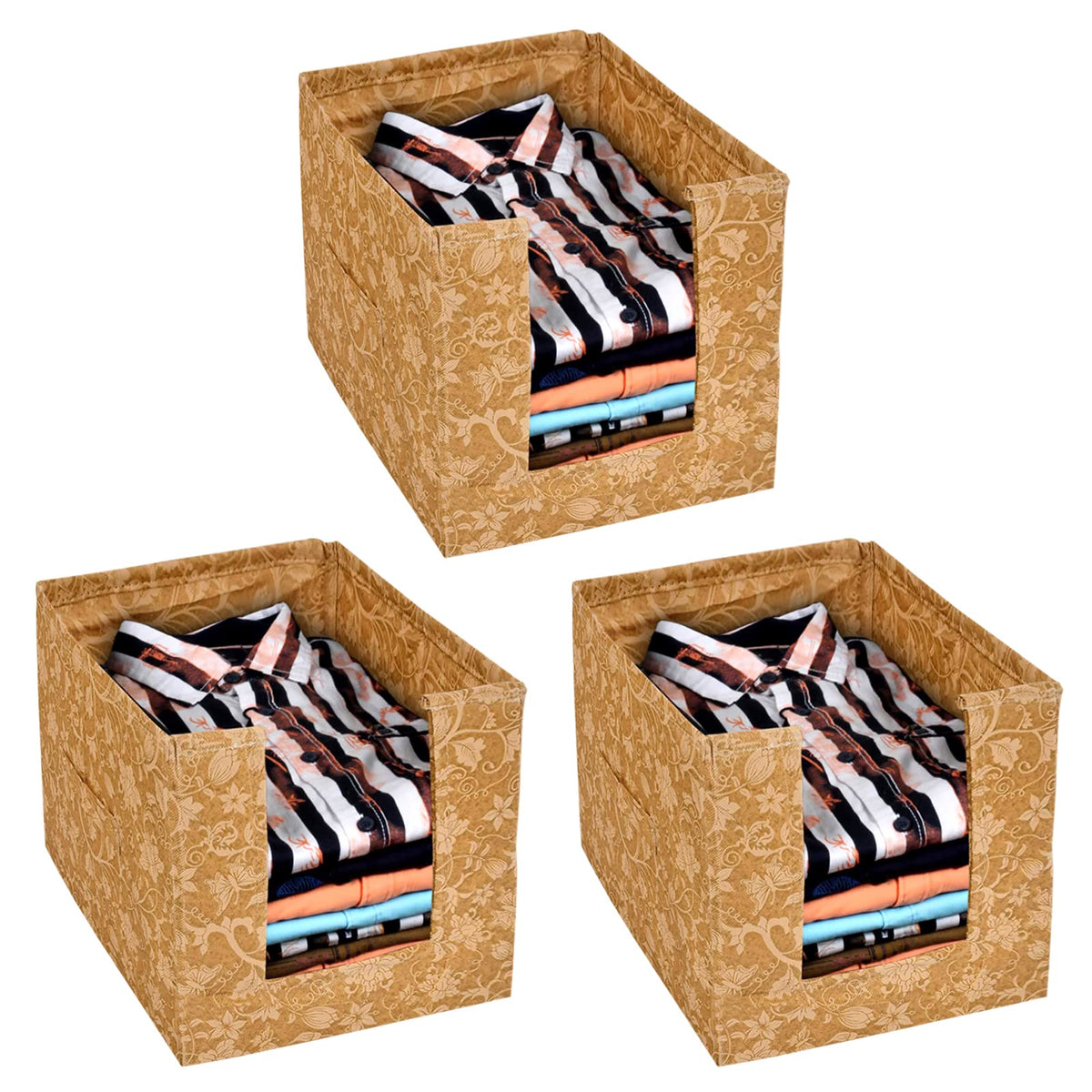 Heart Home Metallic Flower Printed Non-Woven Foldable Shirt Stacker Closet Organizer With Handles- Pack of 3 (Brown)-HS43HEARTH26440