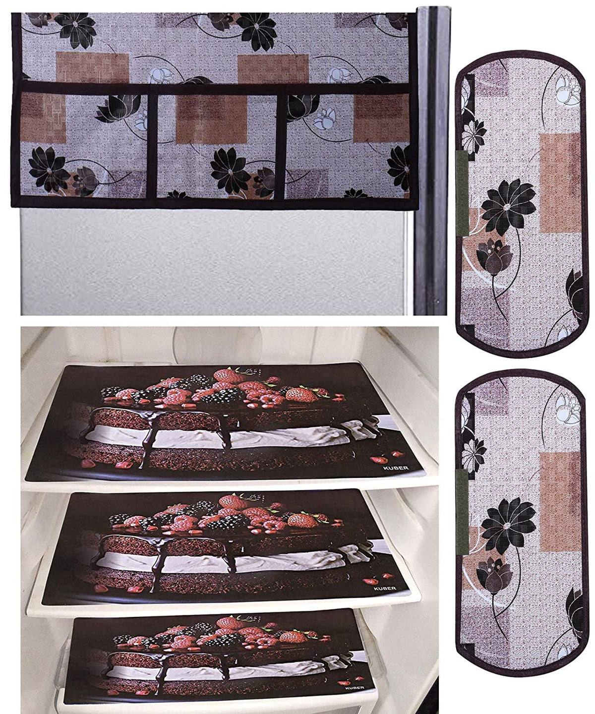 Kuber Industries Cake Design 3 Pieces PVC Fridge Mats,Flower Design 2 Piece Handle Cover and 1 Piece Fridge Top Cover (Brown) - CTKTC039848