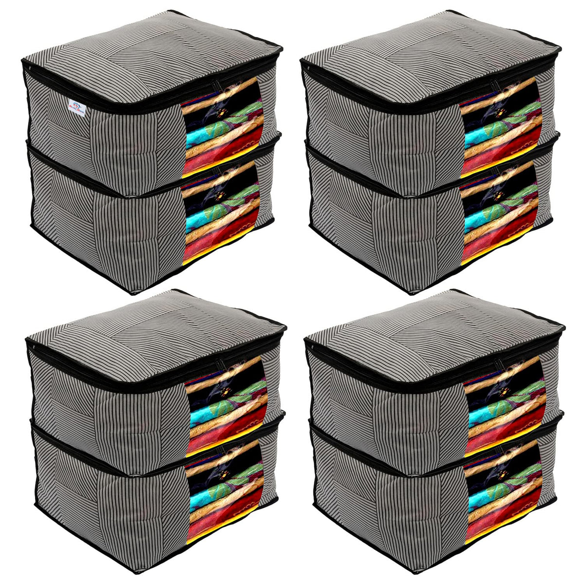 Heart Home Non-Woven Lining Print Saree Organizer|Wardrobe Organizers With Transparent Window, Zipper, Set of 8 (Gray)