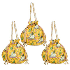Heart Home Potli|Silk Wedding Potli|Wallet Potli|Christmas Gift Potli|Baby Shower Potli|Traditional Shagun Potli|Drawstring with Beads Handle Potli|Cow-Design Patli Potli|Pack of 3|Yellow