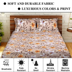 Kuber Industries Double Bedsheet|Glace Cotton Flower Print Bedsheet with 2 Pillow Covers for Living Room|Bedroom|90x108 Inch (Light Brown)