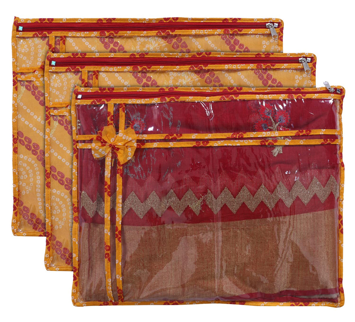 Kuber Industries Bandhani Print PVC Foldable Single Saree Cover|Clothes Storage For Saree, Lehenga, Suit With Transparent Pack of 3 (Yellow)