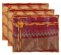 Kuber Industries Bandhani Print PVC Foldable Single Saree Cover|Clothes Storage For Saree, Lehenga, Suit With Transparent Pack of 3 (Yellow)