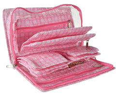 Kuber Industries Check Design Laminated PVC Travel Jewelry Organiser, Jewelry Storage Bags for Necklace, Earrings, Rings, Bracelet With 13 Transparent Pouches (Pink)-HS_38_KUBMART21261, Pack of 1