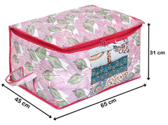 Kuber Industries Non Woven Fabric Metallic Leafy Print Foldable Clothes Storage Bag Wardrobe Organizer for Comforters, Blankets, Bedding with Sturdy Zipper, Clear Window (Pink, 65 Cm X 45 Cm X 31 Cm)