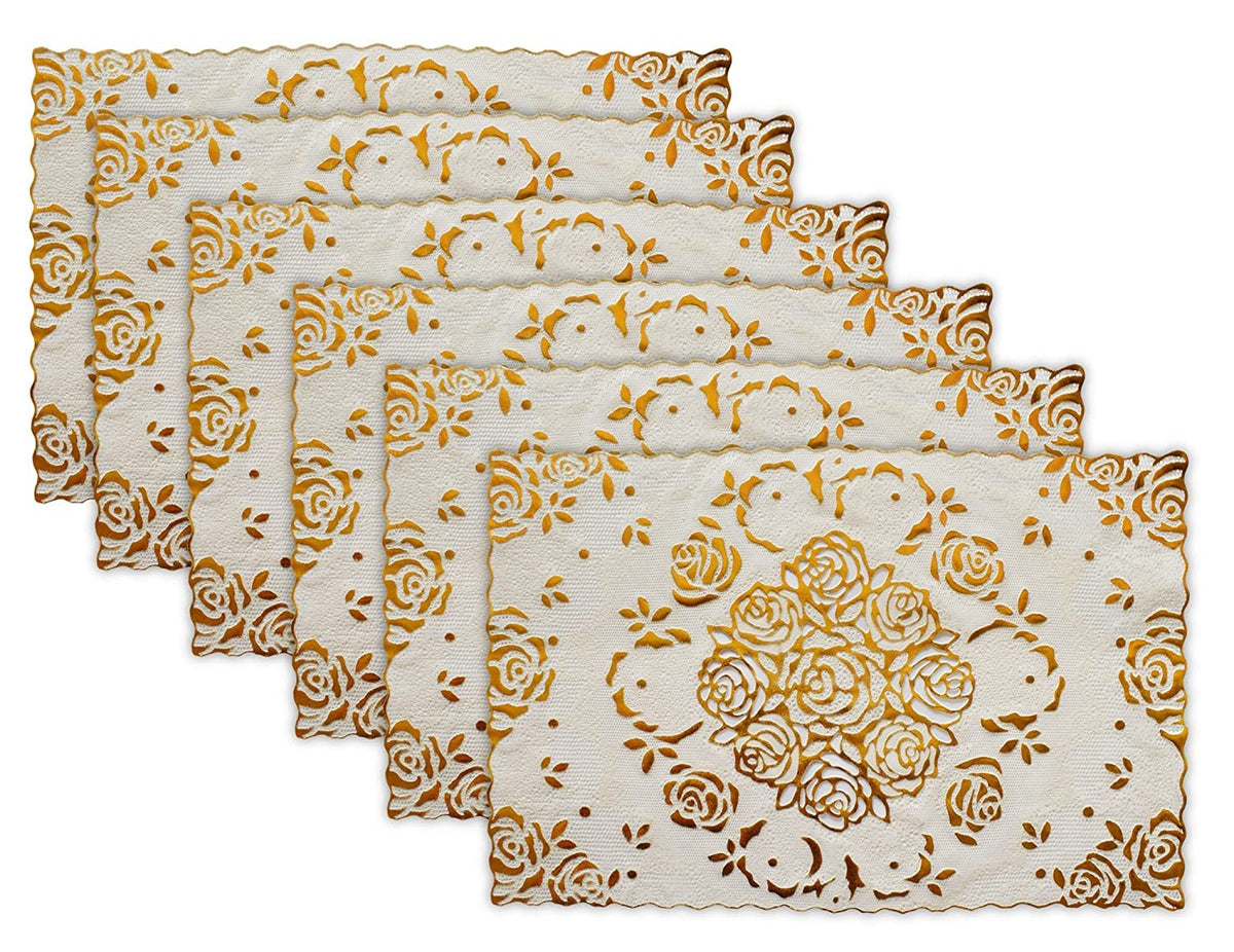 Heart Home Floral Design Virgin Viny Soft Fabric 6 Pieces Dining Table Placemat Set (Cream) (HEART0629)