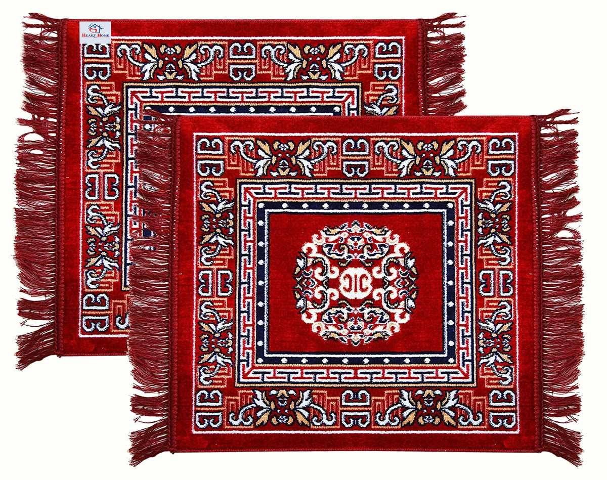 Heart Home Rangoli Design Velvet Square Pooja Mat/Aasan/Meditation Mat/Prayer Mat- Pack of 2 (Maroon)