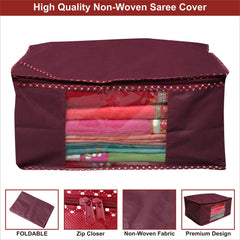 Homestic Set of 3 Foldable Non Woven saree covers with Zip|Saree & Clothes Organiser for wardrobe |Transparent Window With Premium Zipper|Suitable for Lehenga, Suit, Dress (Maroon)