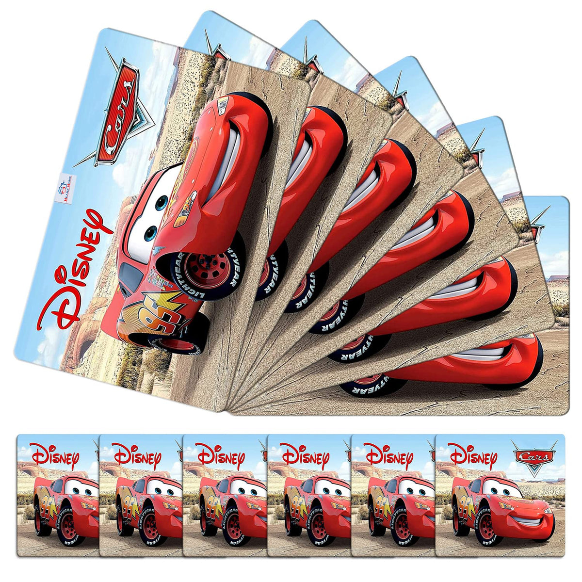 Heart Home Multiuses Car Print PVC Table Placemat with 6 Coasters for Kitchen, Dining Table Set of 6 (Beige) 52HH4060