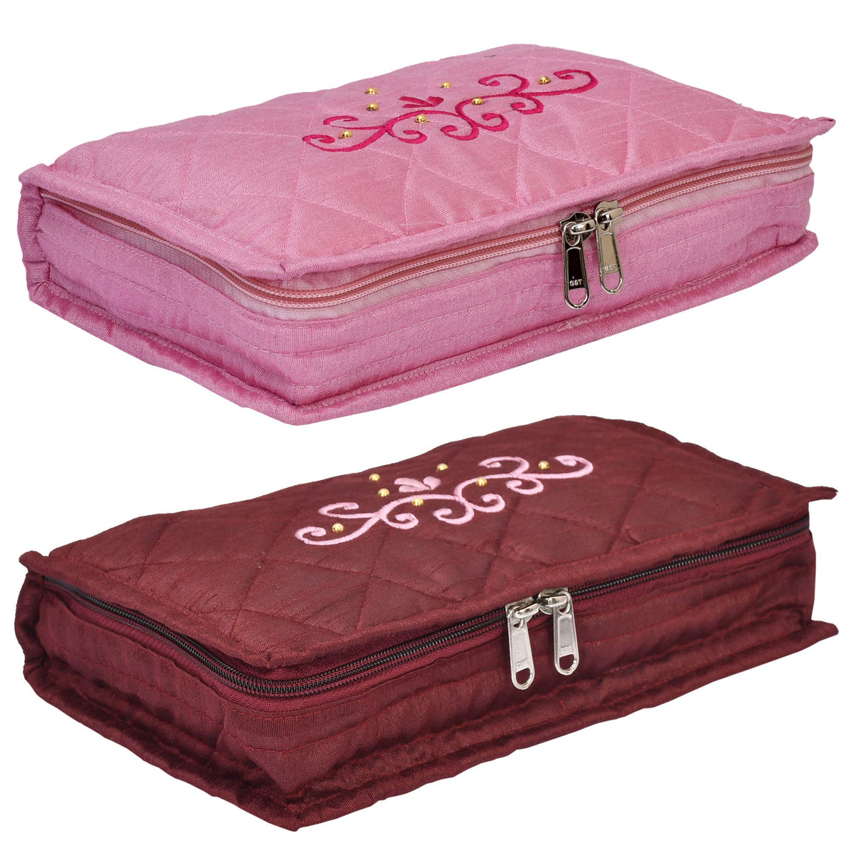 Kuber Industries Embroidery Design 2 Pieces Satin Jewellery Pouch Cum Makeup Kit (Maroon & Pink)