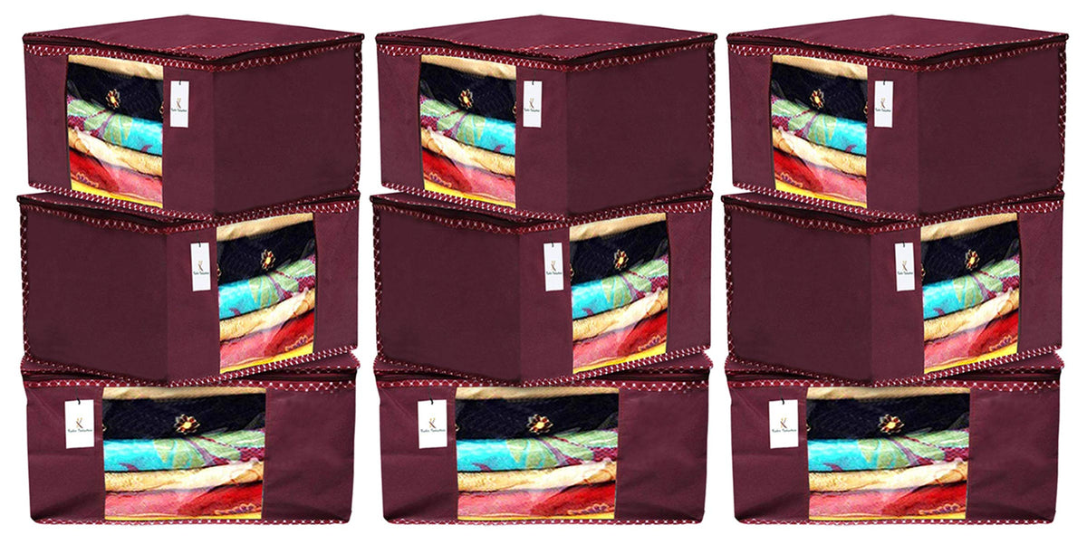 Kuber Industries 9 Pieces Non Woven Fabric Saree Cover/Clothes Organiser for Wardrobe Set with Transparent Window, Extra Large (Maroon)-KUBMART2760
