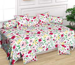 Kuber Industries Flower Printed Desginer 8 Pieces Cotton Diwan Set (White & Pink)-44KM0175