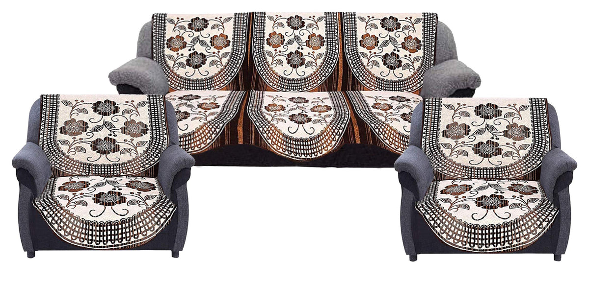 Kuber Industries Flower Design Cotton Reversible 6 Pieces 5 Seater Sofa Cover Set (Cream & Brown)-CTKTC29683