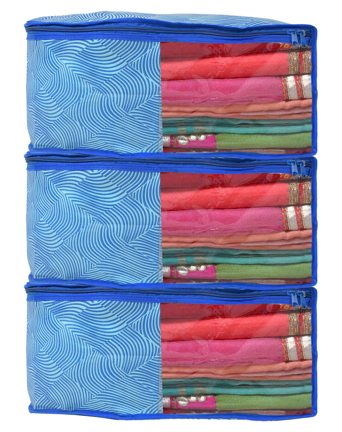 Heart Home Lahariya Printed Non-Woven Blouse Cover Wardrobe Organiser Clothes Storage Bag With Front Window- Pack of 3 (Blue)-44HH0546