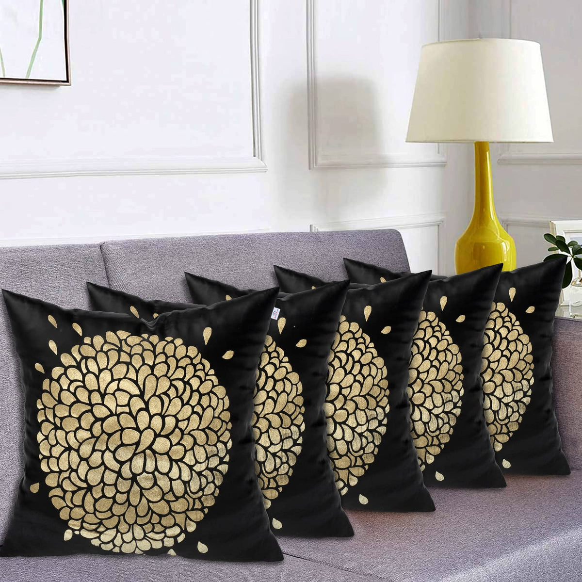 Heart Home Rangoli Print Soft Decorative Square Cushion Cover, Cushion Case for Sofa Couch Bed 16x16 Inch- Pack of 5 (Black) 52HH3918