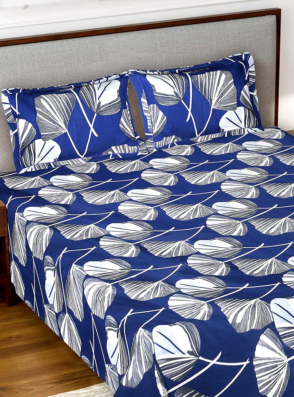 Kuber Industries Flower Design Glace Cotton Double Bedsheet with 2 Pillow Covers (Blue) - CTKTC040423