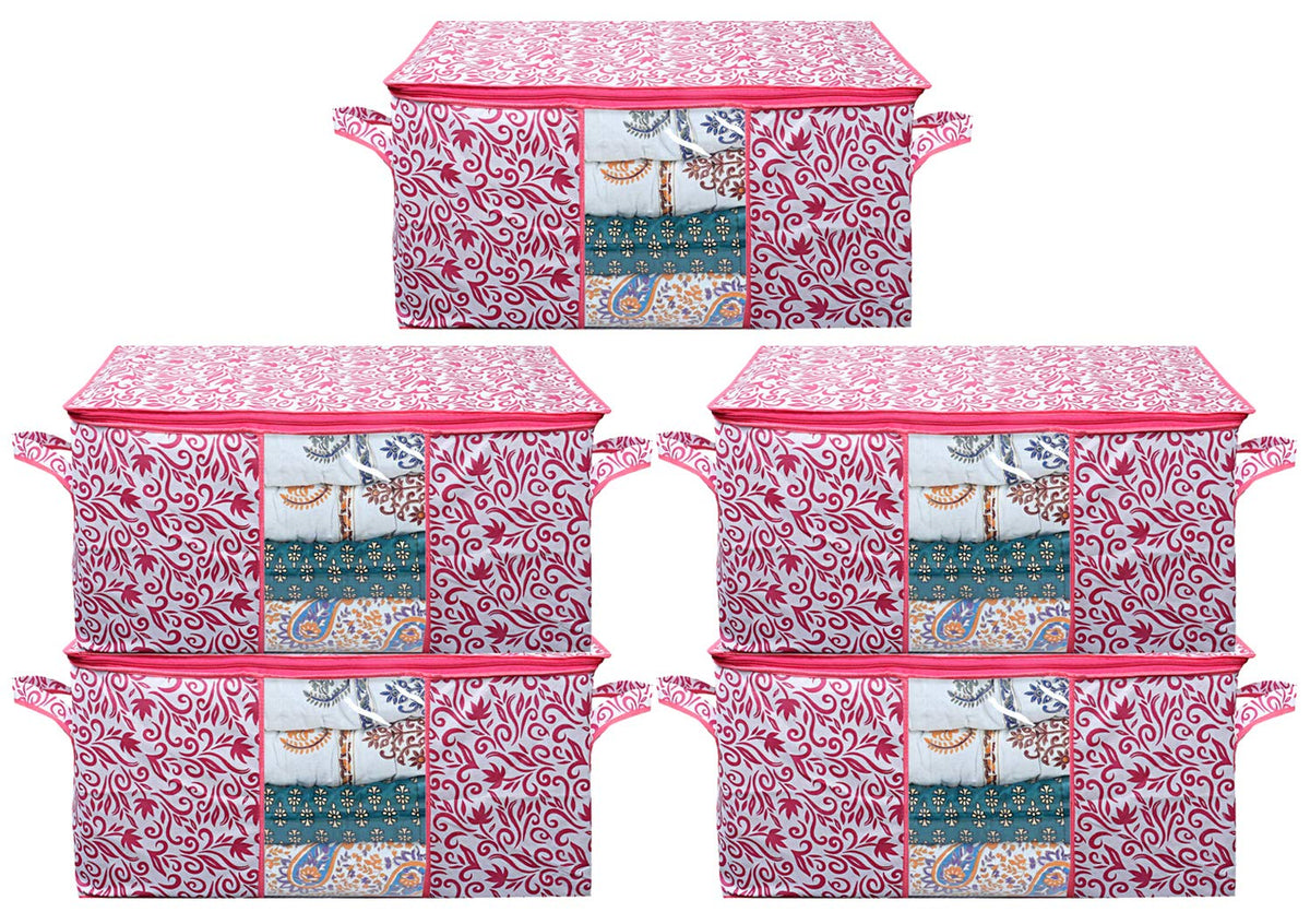Kuber Industries Leaf Design Non Woven Underbed Storage Bag, Organiser, Blanket Cover (Pink, CTKTC21207), 5 Pieces
