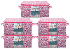 Kuber Industries Leaf Design Non Woven Underbed Storage Bag, Organiser, Blanket Cover (Pink, CTKTC21207), 5 Pieces