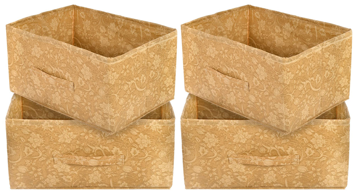 Heart Home Metallic Flower Printed Non-Woven Rectangular Flodable Cloth Storage Box/Drawer- Pack of 4 (Brown)-HS43HEARTH26326