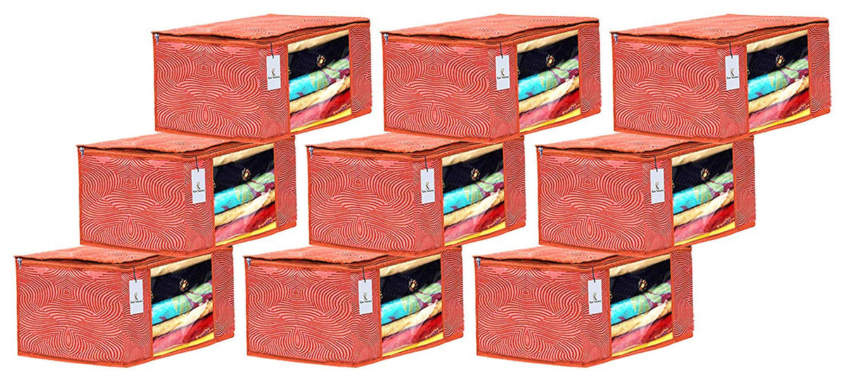 Kuber Industries Laheriya Design 9 Piece Non Woven Fabric Saree Cover Set with Transparent Window, Extra Large, Orange-CTKTC31934