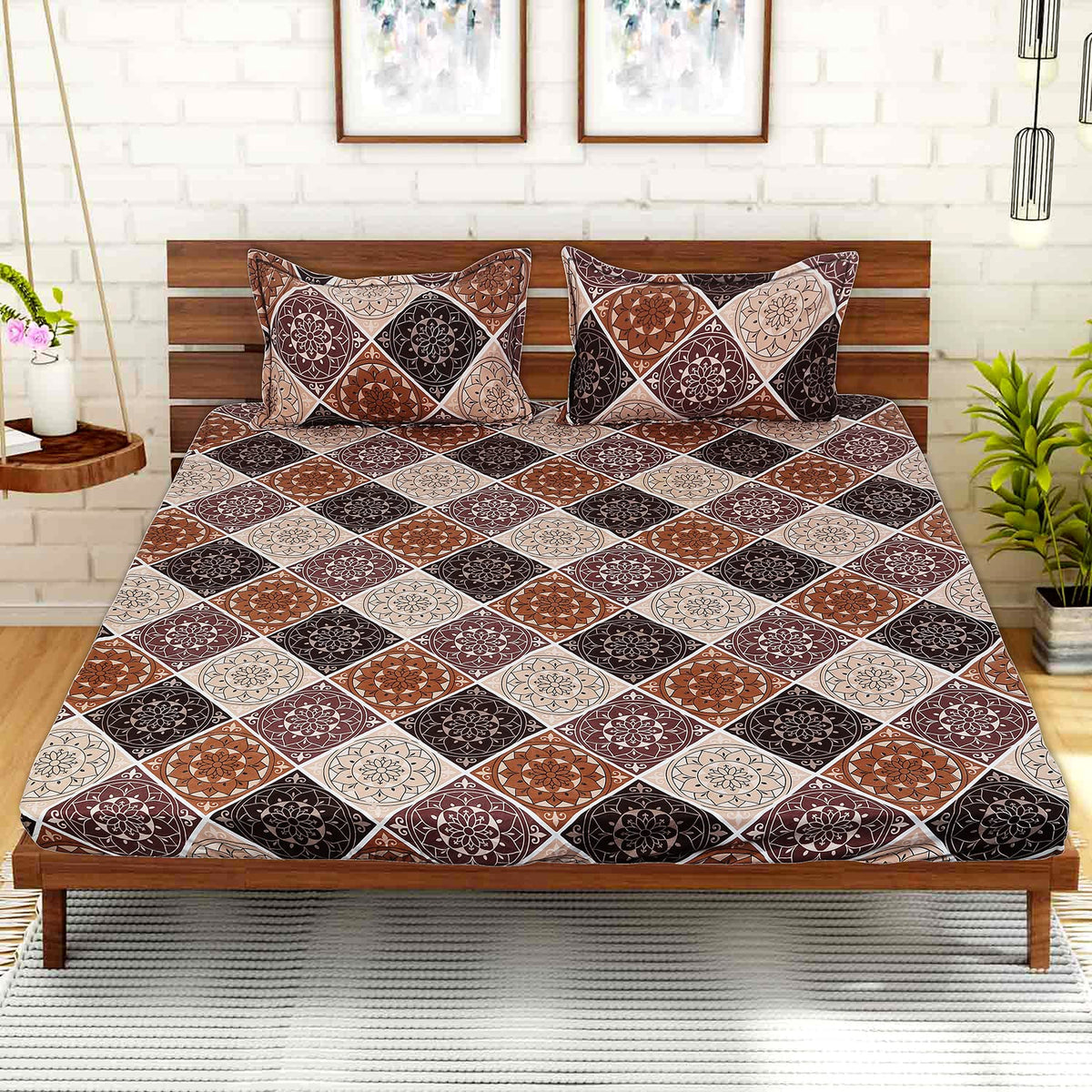Kuber Industries Fitted Double Bedsheet|Rangoli Print Premium Glace Cotton Elastic Bedsheet with Two Pillow Covers,72 x 78 Inch(Brown)