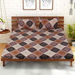 Kuber Industries Fitted Double Bedsheet|Rangoli Print Premium Glace Cotton Elastic Bedsheet with Two Pillow Covers,72 x 78 Inch(Brown)