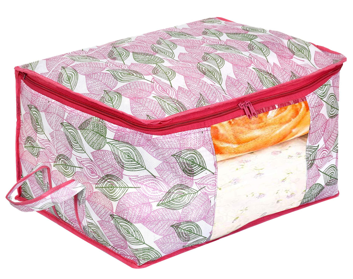 Kuber Industries Non Woven Fabric Metallic Leafy Print Foldable Clothes Storage Bag Wardrobe Organizer for Comforters, Blankets, Bedding with Sturdy Zipper, Clear Window (Pink, 65 Cm X 45 Cm X 31 Cm)