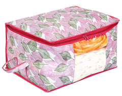 Kuber Industries Non Woven Fabric Metallic Leafy Print Foldable Clothes Storage Bag Wardrobe Organizer for Comforters, Blankets, Bedding with Sturdy Zipper, Clear Window (Pink, 65 Cm X 45 Cm X 31 Cm)