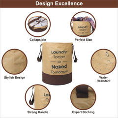 Kuber Industries Waterproof Round Non Wovan Laundry Bag/Hamper|Metalic Printed With Handles|Foldable Bin & 45 Liter Capicity|Size 37 x 37 x 49, Pack of 1 (Beige & Brown)-KUBMART11450