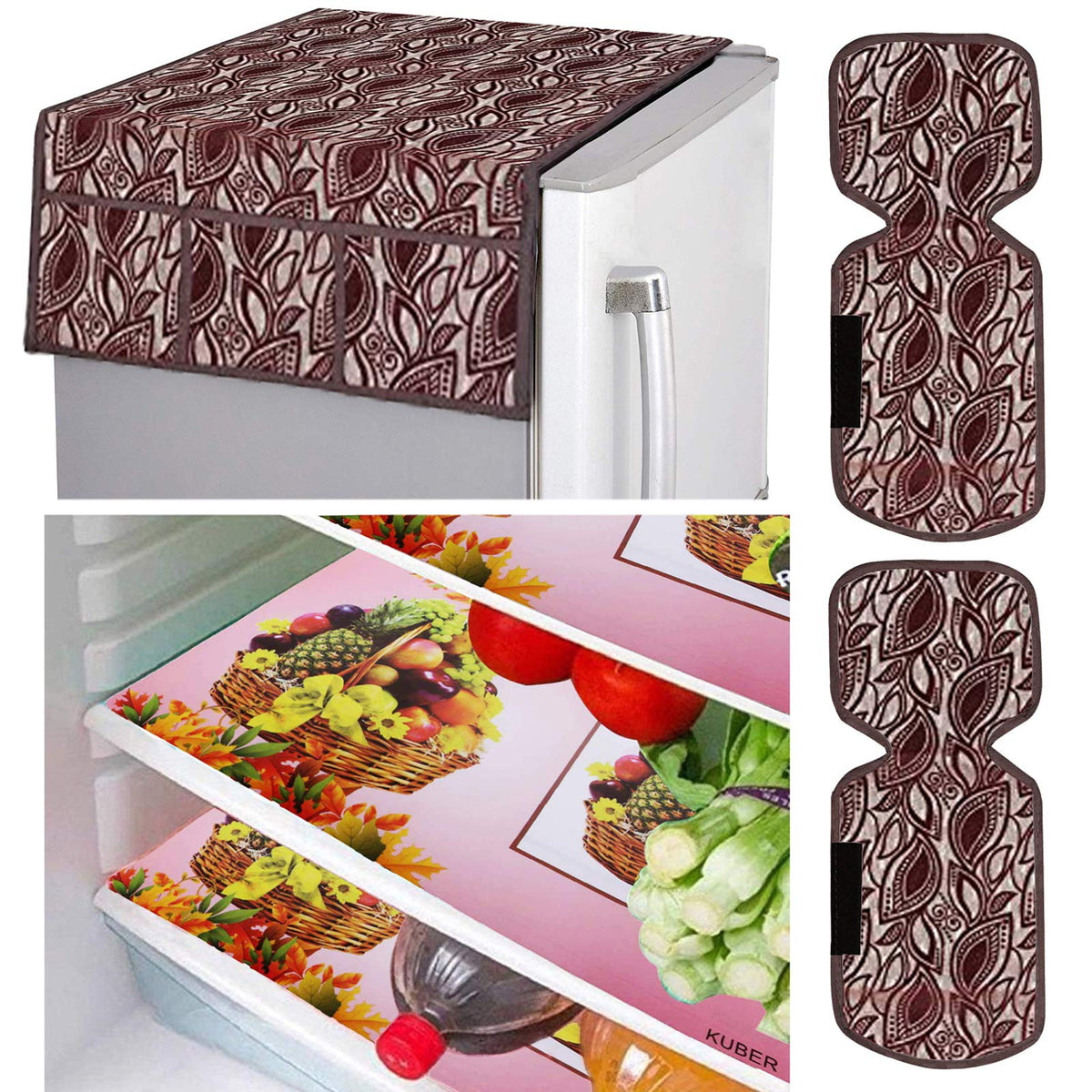 Kuber Industries Leaf Design Combo PVC 3 Pieces Fridge Mats, 2 Piece Handle Cover and 1 Piece Fridge Top Cover(Maroon)