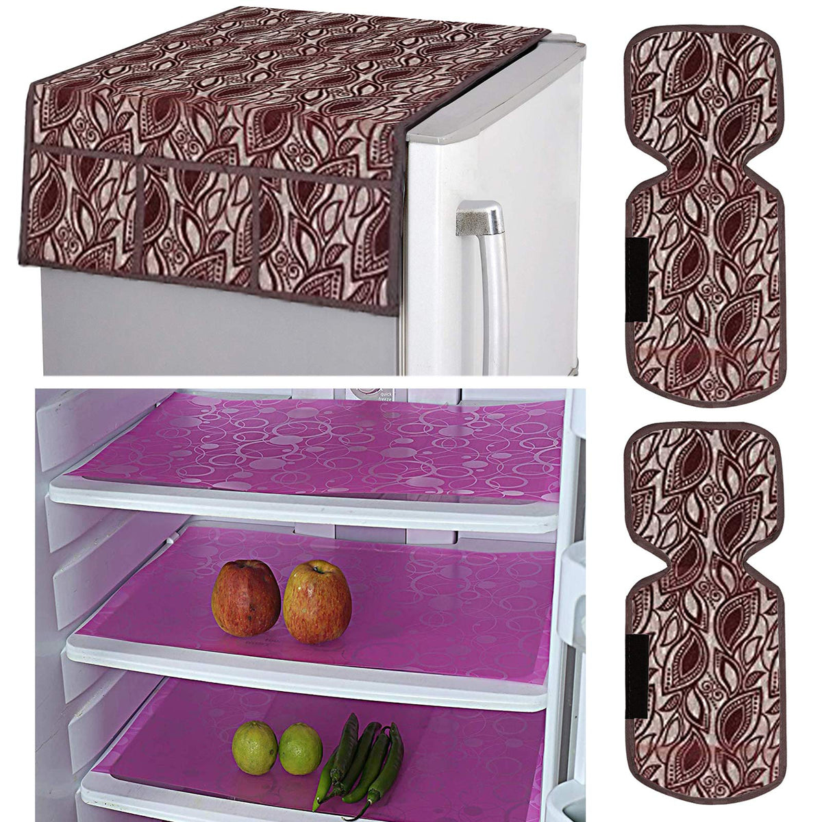 Kuber Industries Leaf Design Combo PVC 3 Pieces Fridge Mats, 2 Piece Handle Cover and 1 Piece Fridge Top Cover(Maroon)