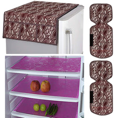 Kuber Industries Leaf Design Combo PVC 3 Pieces Fridge Mats, 2 Piece Handle Cover and 1 Piece Fridge Top Cover(Maroon)
