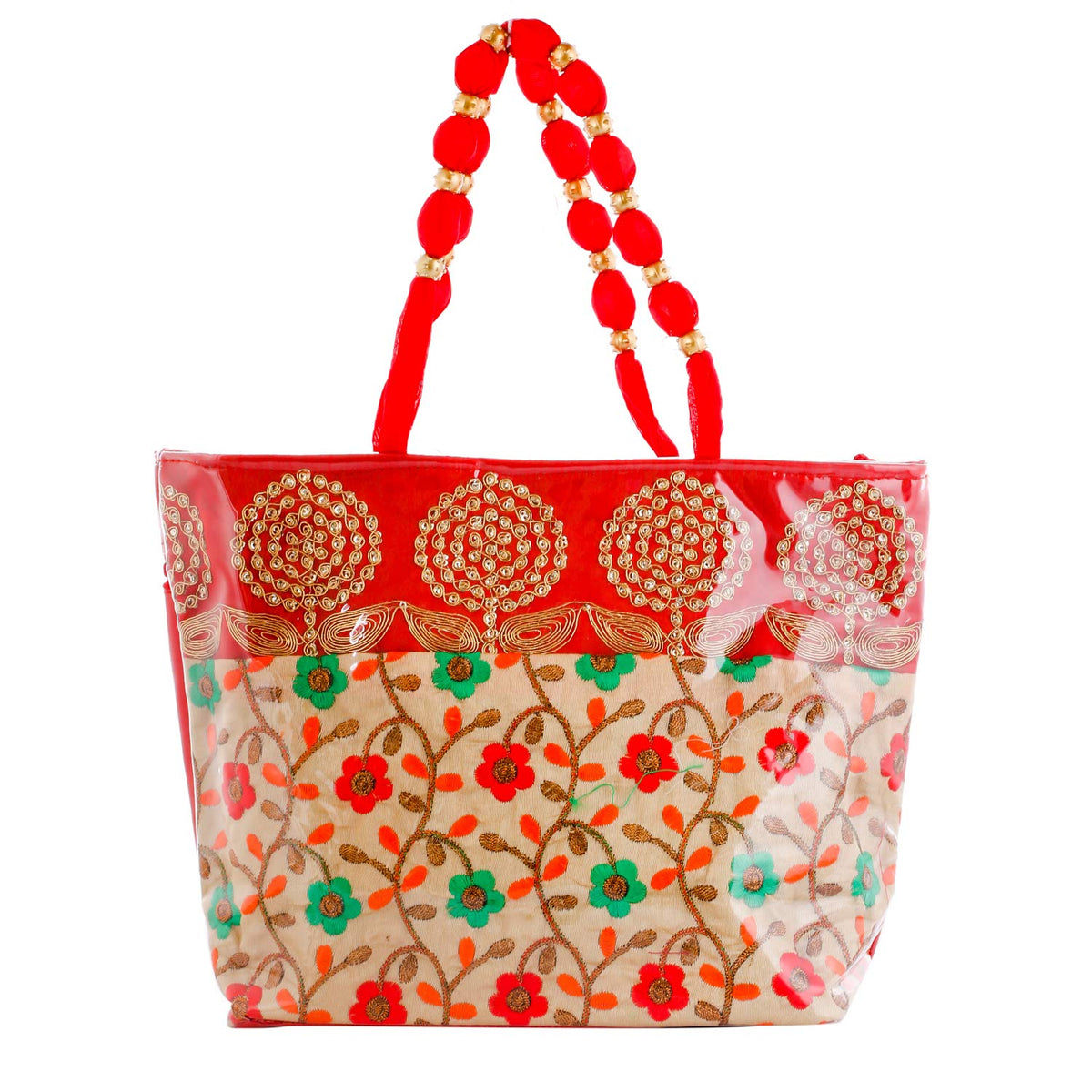 Kuber Industries Floral Design Silk Laminated Embroidered Women's Handbag (Red) - CTKTC23128