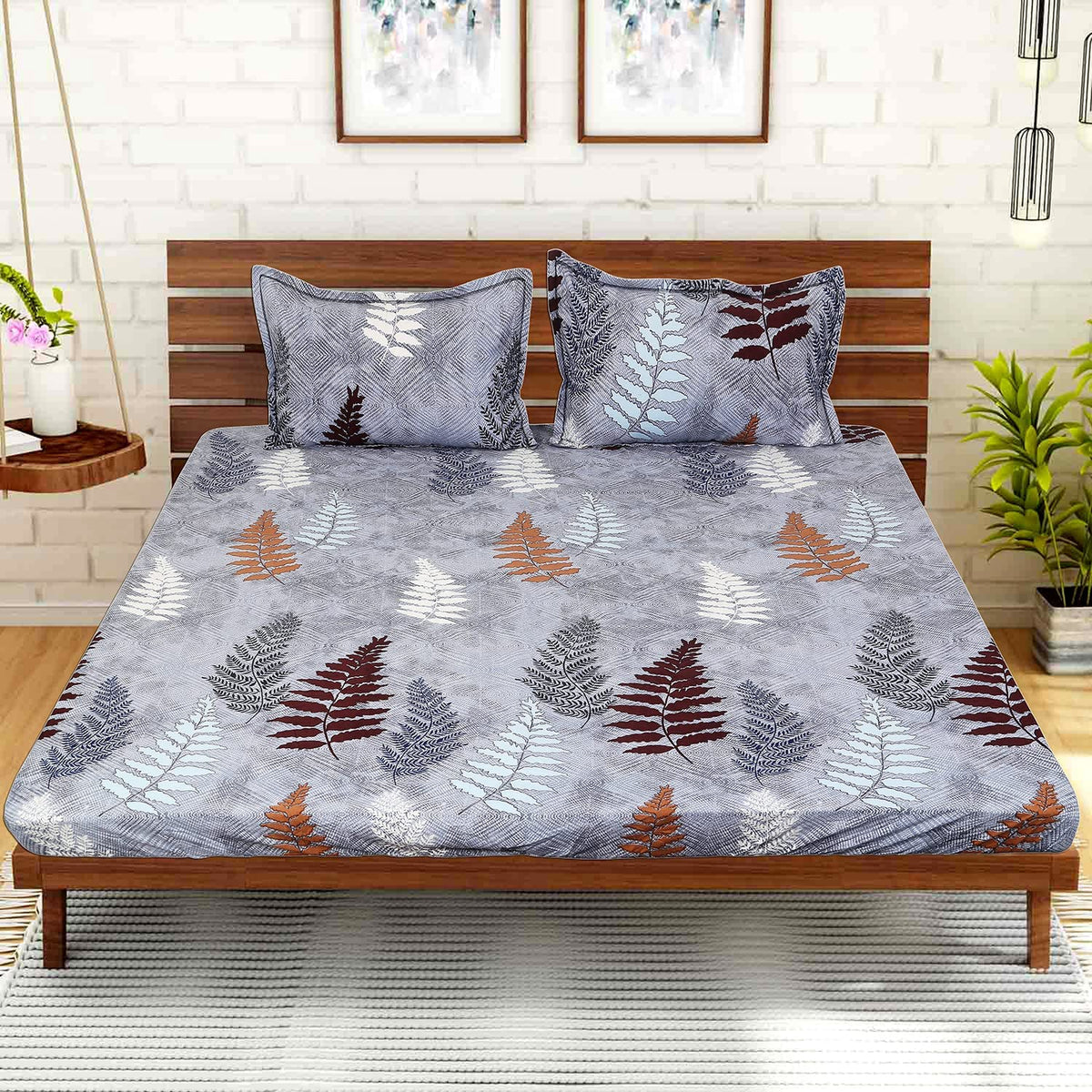 Kuber Industries Fitted Double Bedsheet|Glace Cotton Leaf Print Bedsheet with 2 Pillow Covers for Living Room|Bedroom|6x6 Feet (Gray)