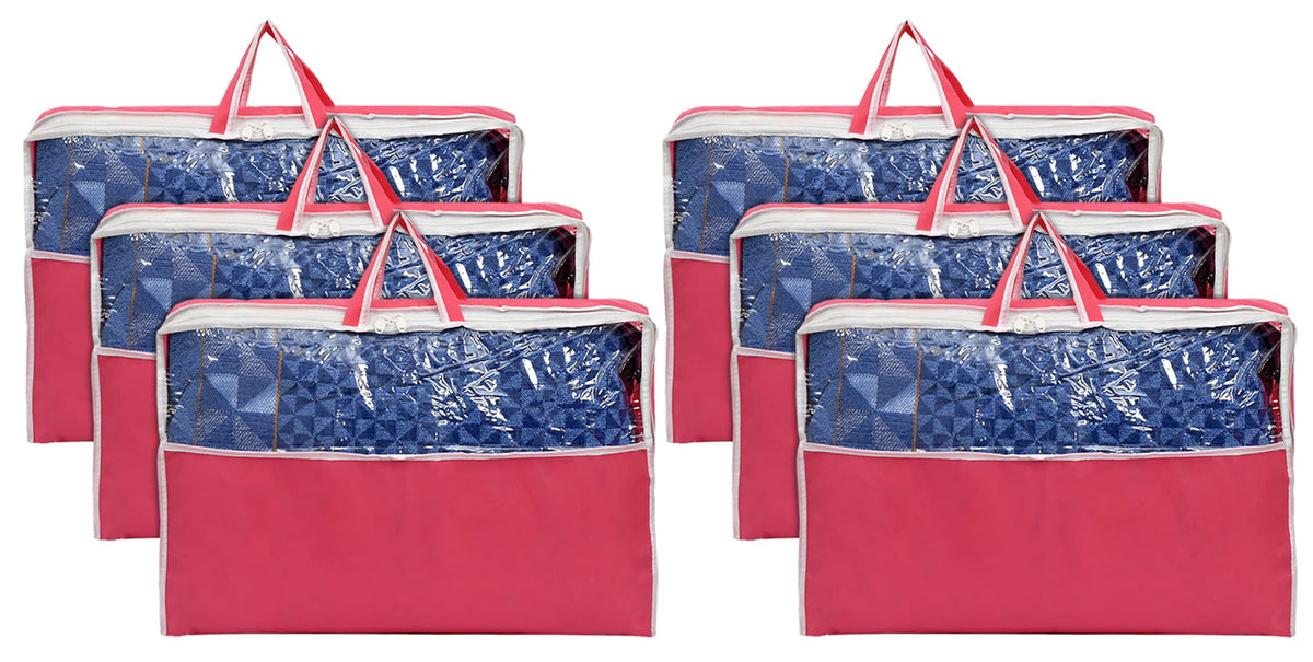 Heart Home Multiuses Non-Woven Rectangular Underbed Storage Bag/Cloth Organizer/Blanket Cover/Closet Organizer With Top Tranasparent Window & Handle- Pack of 6 (Pink)