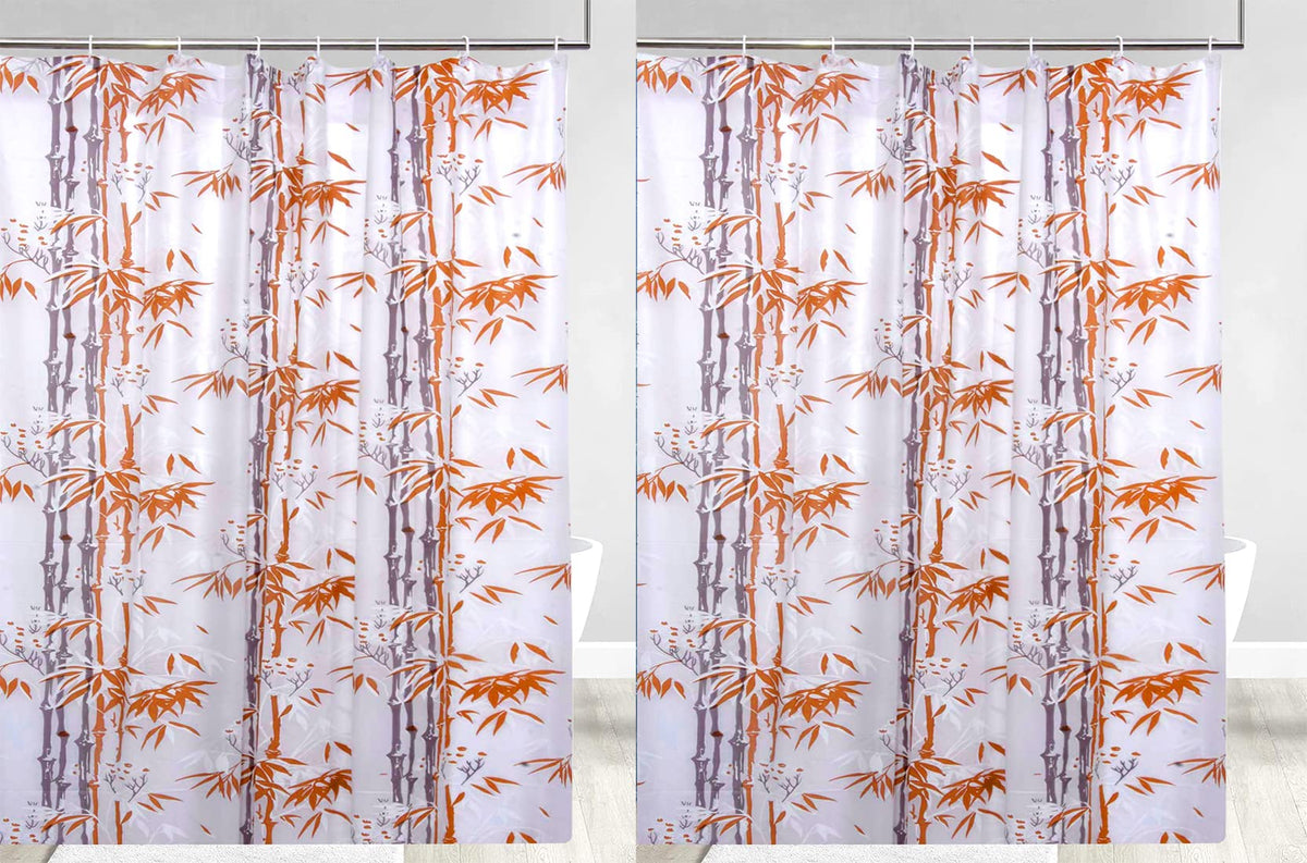 Heart Home Bamboo Printed Stain Resistant, No Odor, Waterproof PVC AC/Shower Curtain with Hooks,7 Feet- Pack of 2 (Orange)
