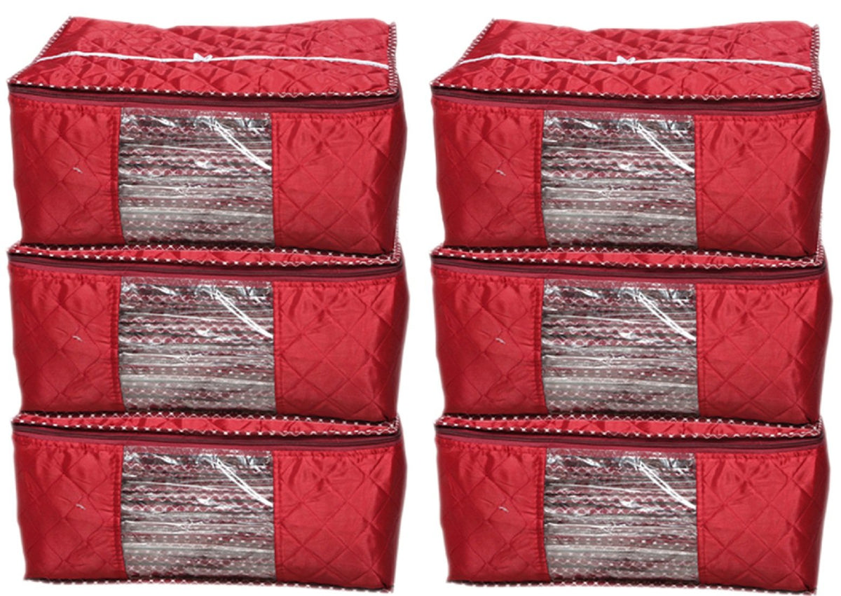 Kuber Industries 6 Piece 3 Layered Quilted Cotton Saree Cover Set, Maroon (VA0403)