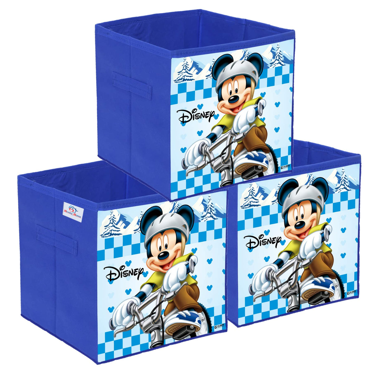Heart Home Disney Mickey Print Durable & Collapsible Square Storage Box|Clothes Organizer With Handle,Pack of 3 (Blue)