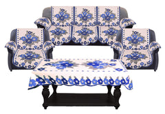 Kuber Industries Flower Design Cotton 5 Seater Sofa Cover with 6 Pieces Arms Cover and 1 Center Table Cover Use Both Side (Set Of17, Cream & Blue)-KUBMART12031, Standard