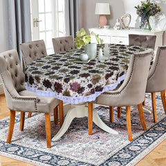 Heart Home Flower Printed Oval Shape PVC Spillproof, Waterproof, Antislip, Wipe Clean 6 Seater Table Cover with White Lace Border, 60"x90" (Brown)